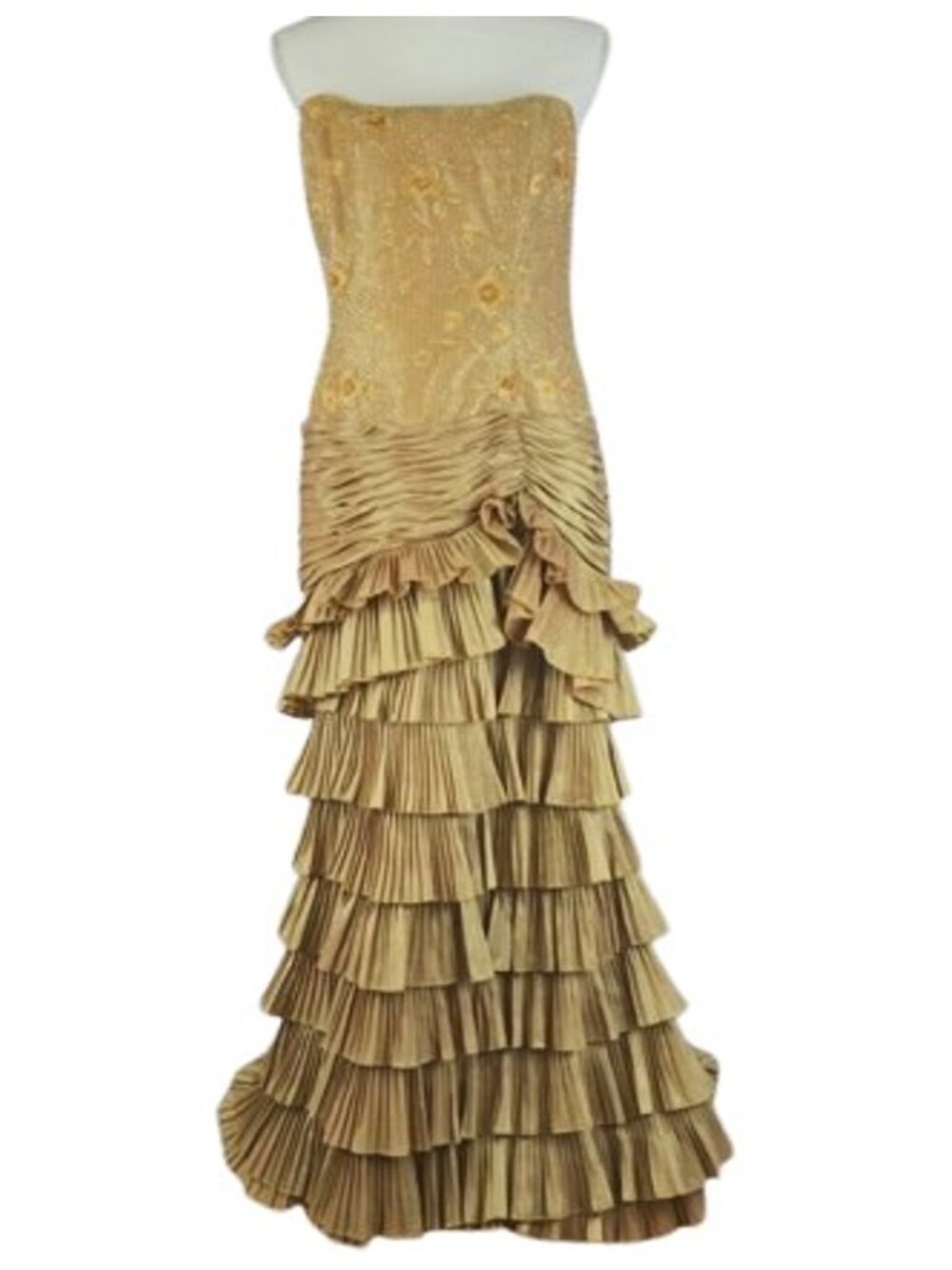 Macis Gold Beaded Ruffle Tiered Formal Gown w Jacket Size 14